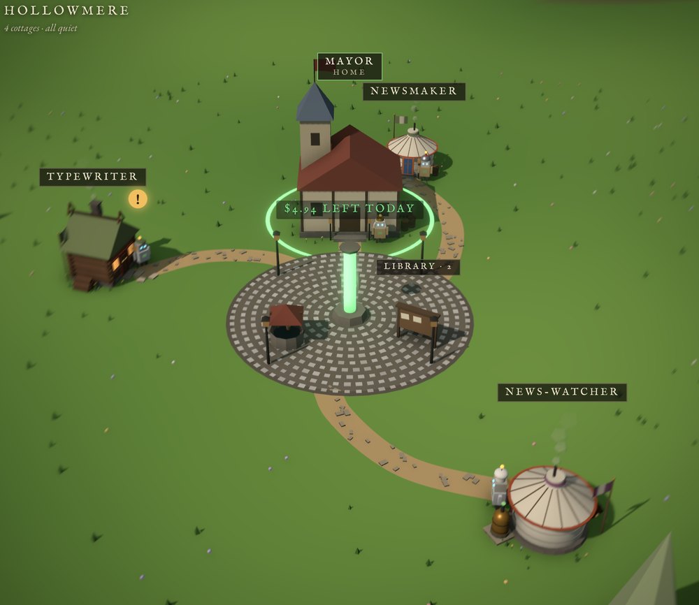 The village up close: cottages, robots at their doors, and the budget column in the square.