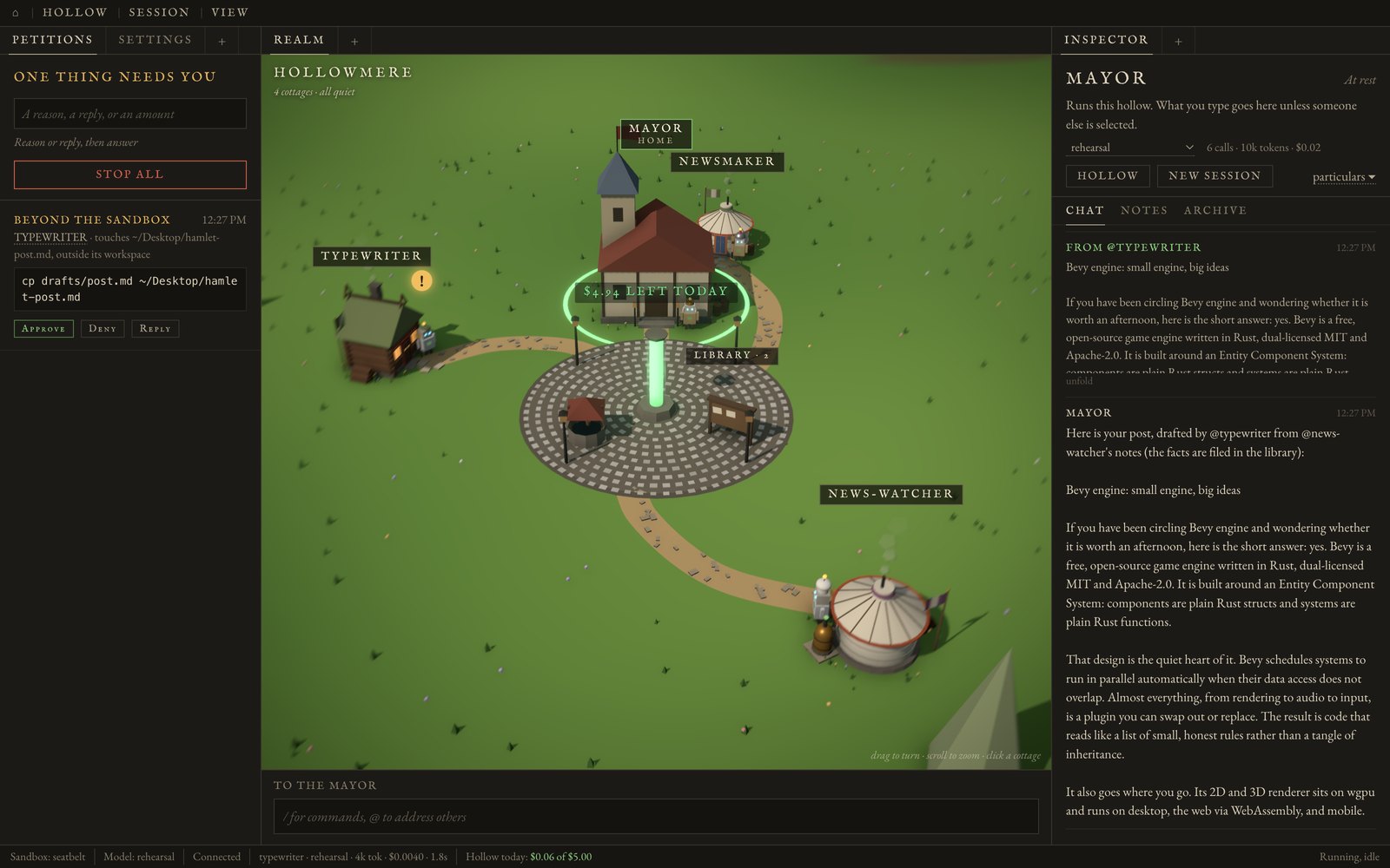 Hollow's window: petitions on the left, a small 3D village in the middle, the Mayor's chat on the right.
